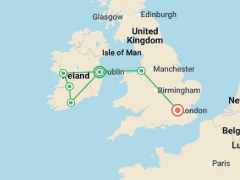 Map of Europe Cultural, religious and historic sites Tour with 6 destination visits for the trip: Great Tour of Ireland end London