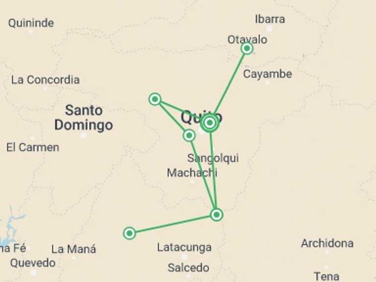 Map itinerary of Quito Tour in July 2027 with 6 destination visits for the trip: Ecuador MTB Paradise Circuit