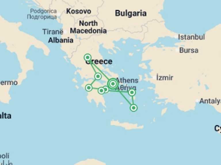 Map itinerary of Europe Tour in October 2026 with 7 destination visits for the trip: Best of Greece