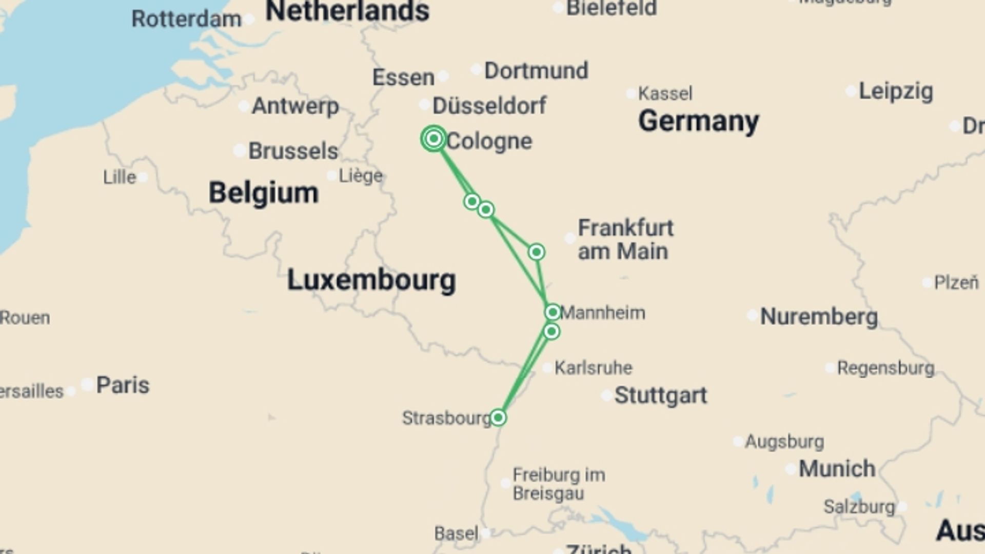 A map showing the tour itinerary for the trip: Romantic Rhine and Alsace Region – VISTAGRACIA Superior, starting in Cologne, Germany and ending in Cologne, Germany going through 6 other destinations.