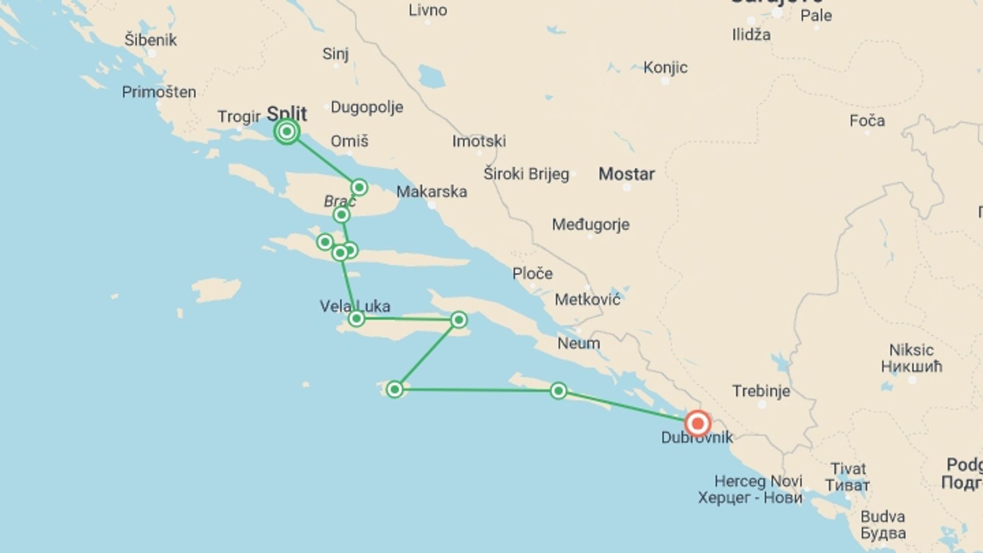 A map showing the tour itinerary for the trip: Dalmatian Coast and Dubrovnik Bike and Boat, starting in Split, Croatia and ending in Dubrovnik, Croatia going through 7 other destinations.