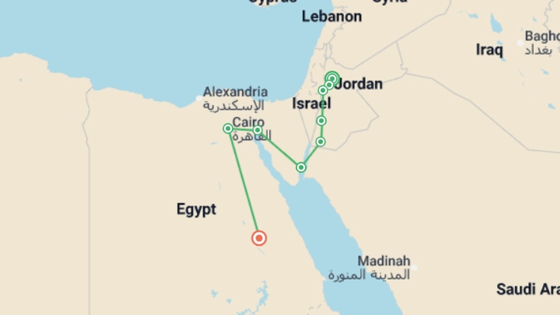 A map showing the tour itinerary for the trip: Jordan and Egypt - Petra to the Pyramids, starting in Amman, Jordan and ending in Luxor, Egypt going through 4 other destinations.