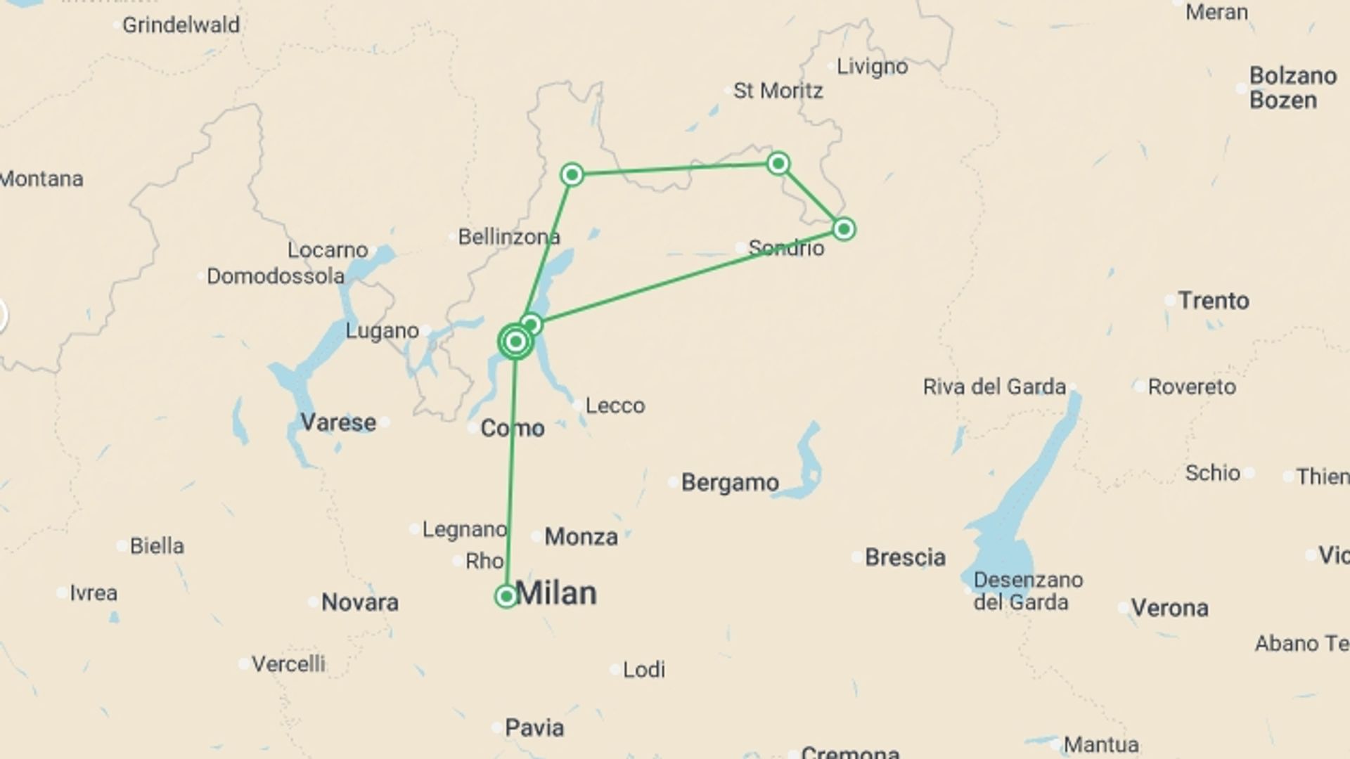 A map showing the tour itinerary for the trip: Lake Como, Saint Moritz & Milan (3 Star) - 8 days, starting in Tremezzo, Italy and ending in Tremezzo, Italy going through 2 other destinations.