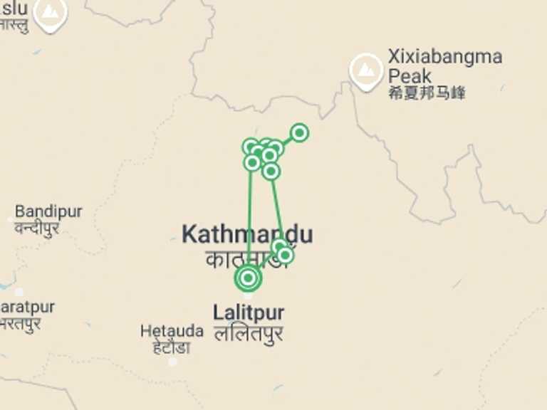 Map itinerary of Kathmandu Tour in September 2026 with 11 destination visits for the trip: Langtang, Gosainkund and Helambu Trek