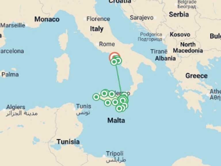 Map itinerary of Italy Tour in June 2026 with 7 destination visits for the trip: Sicily, Amalfi & Capri Discovery - 13 days