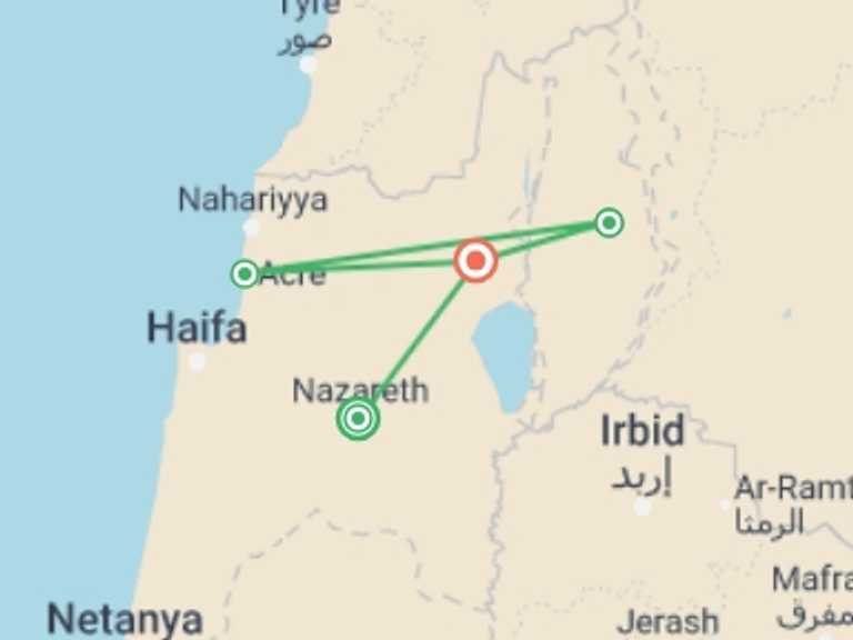 Map of a Spiritual or religious Tour with 4 destination visits for the trip: Caesarea, Galilee And Golan Tour, 4 Days From Tel Aviv