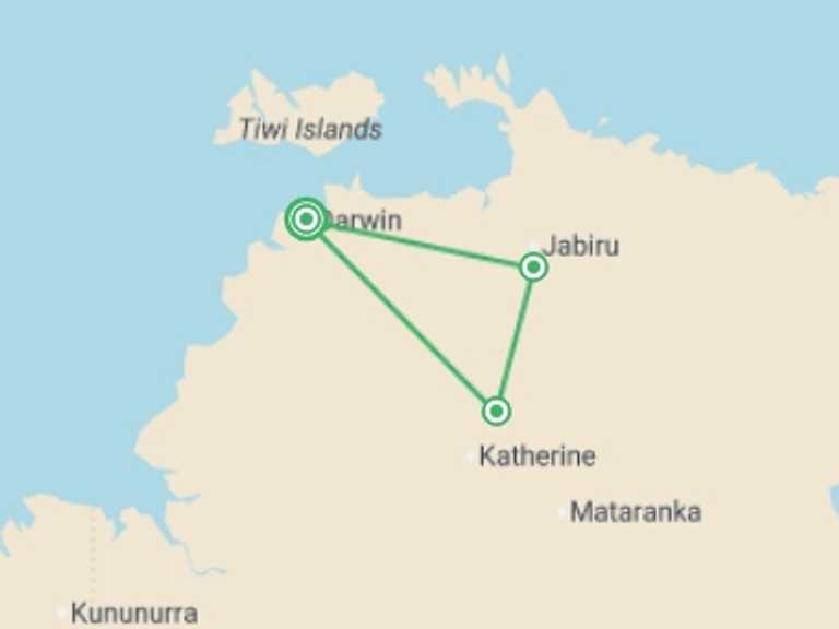Map of a Adventure and sport Tour with 3 destination visits for the trip: Northern Territory Top End National Parks