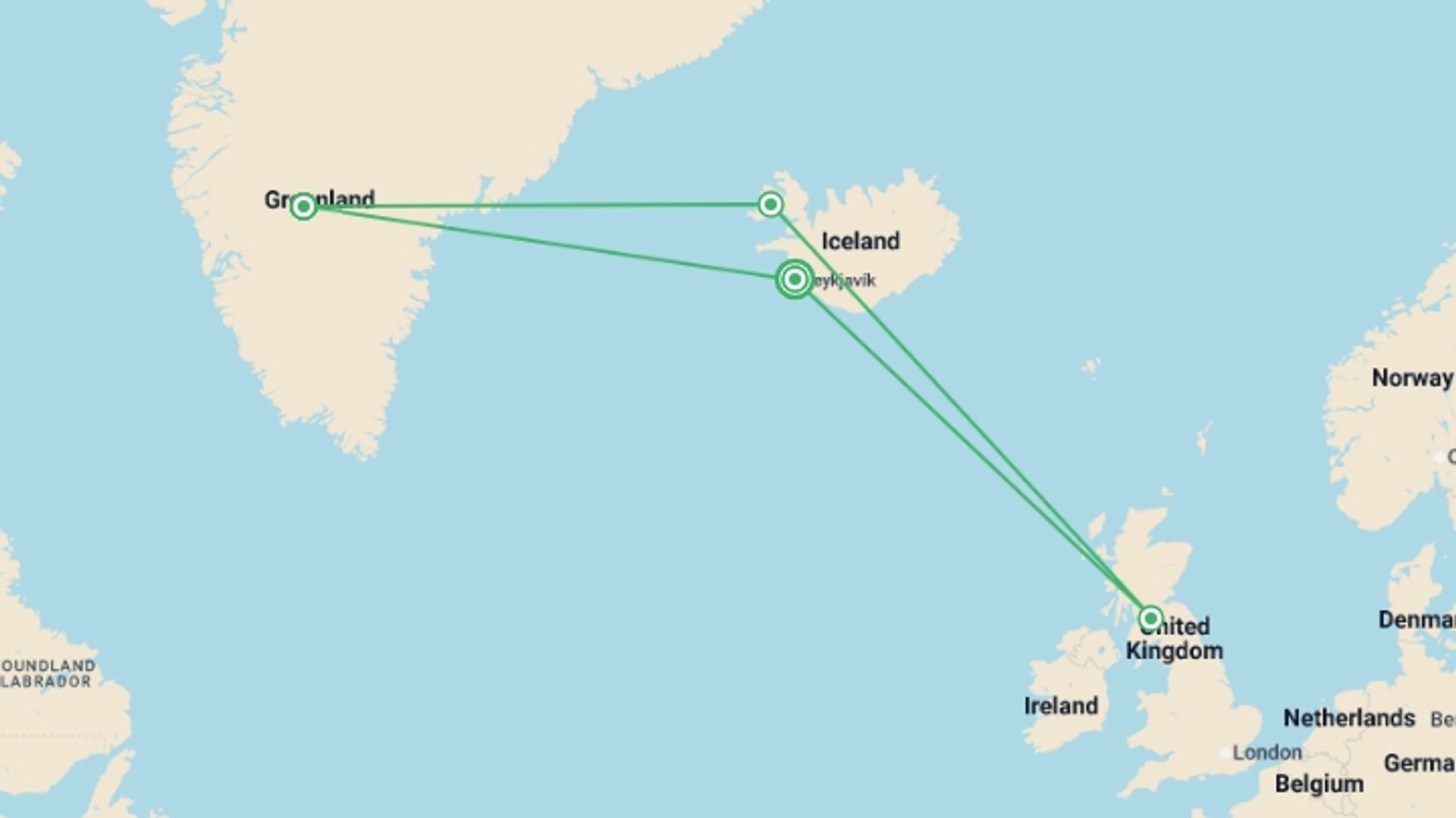 A map showing the tour itinerary for the trip: Iceland & East Greenland Under The Northern Lights - Douglas Mawson, starting in Reykjavik, Iceland and ending in Reykjavik, Iceland going through 3 other destinations.