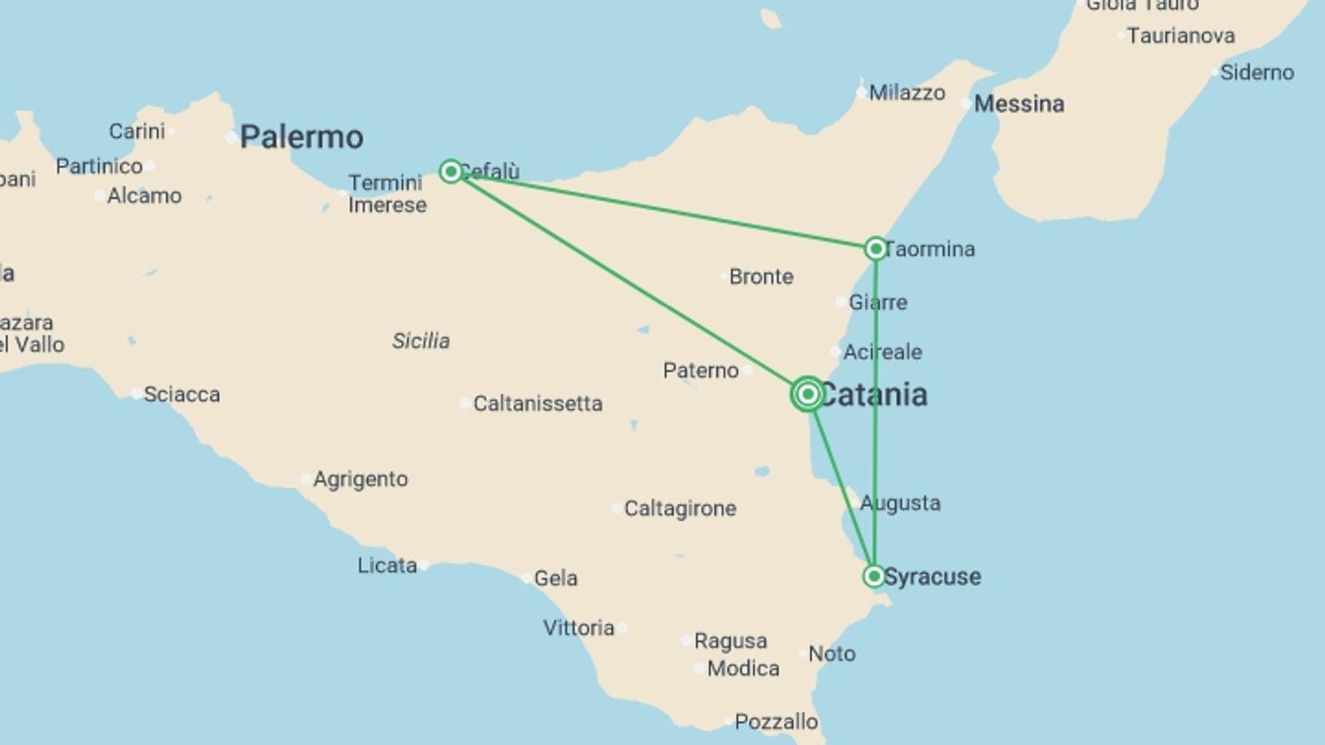 A map showing the tour itinerary for the trip: Sicily Island:See & Experience it all in 7 days, starting in Catania, Italy and ending in Catania, Italy going through 3 other destinations.