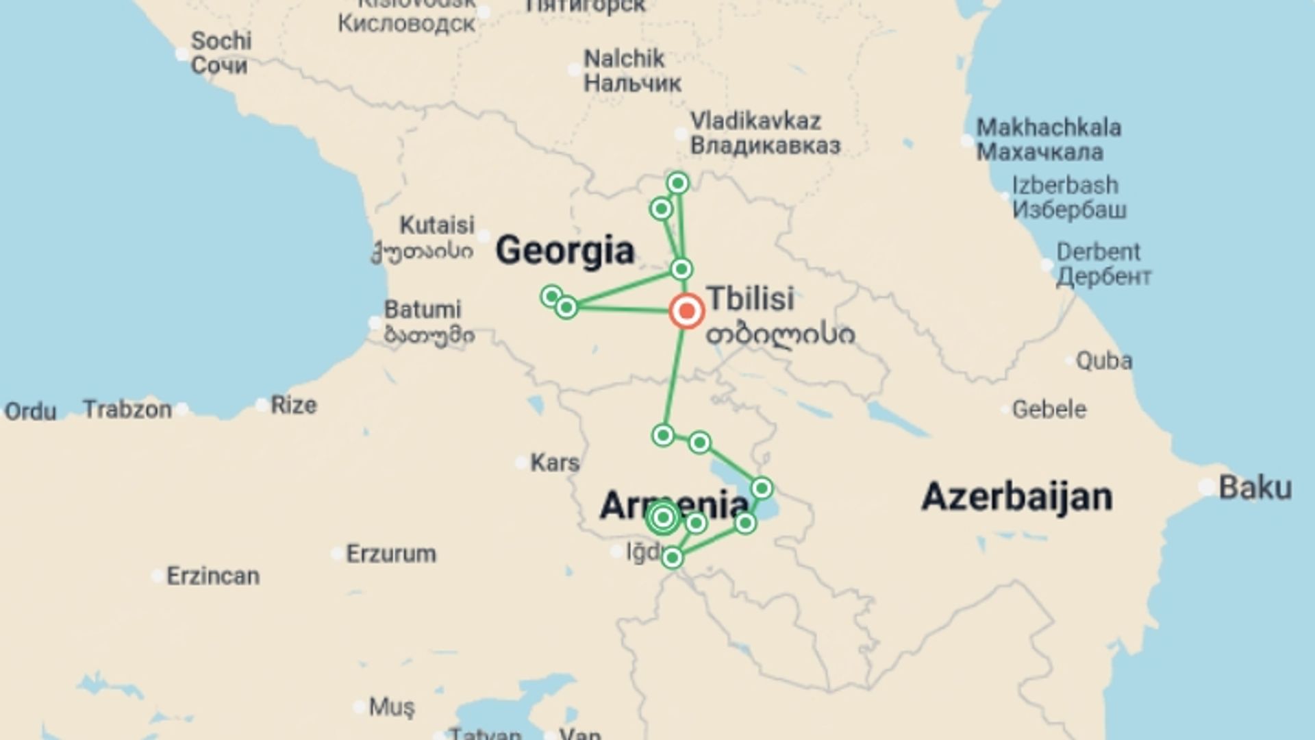 A map showing the tour itinerary for the trip: Armenia to Georgia by Bike, starting in Yerevan, Armenia and ending in Tbilisi, Georgia going through 7 other destinations.
