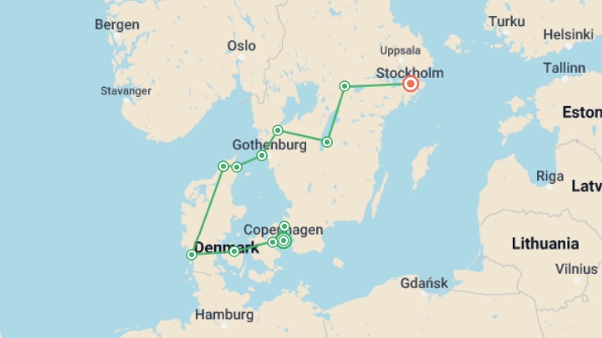 A map showing the tour itinerary for the trip: A Scandinavian Journey: Denmark to Sweden, starting in Copenhagen, Denmark and ending in Stockholm, Sweden going through 4 other destinations.