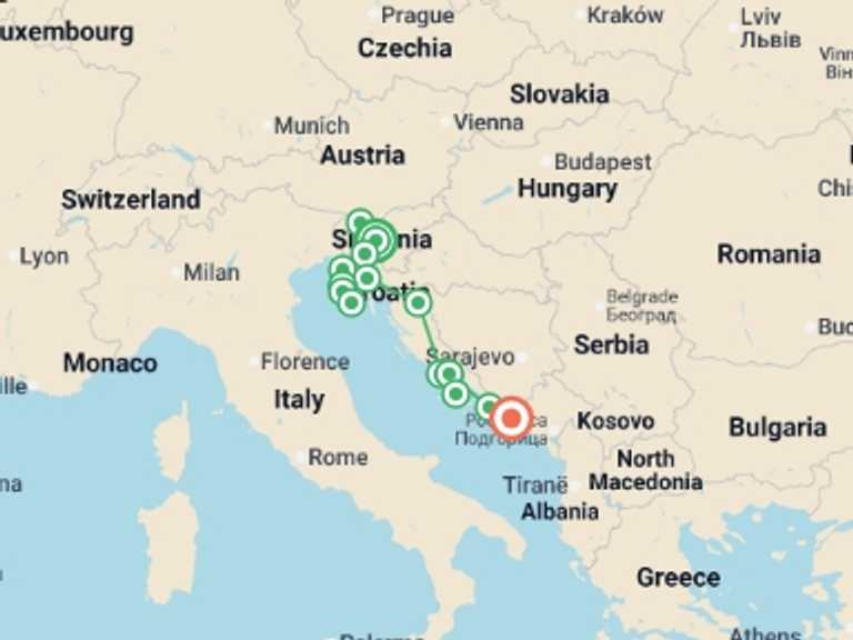 Map of Europe Tour with 6 destination visits for the trip: Ljubljana to Dubrovnik Superior - 11 days