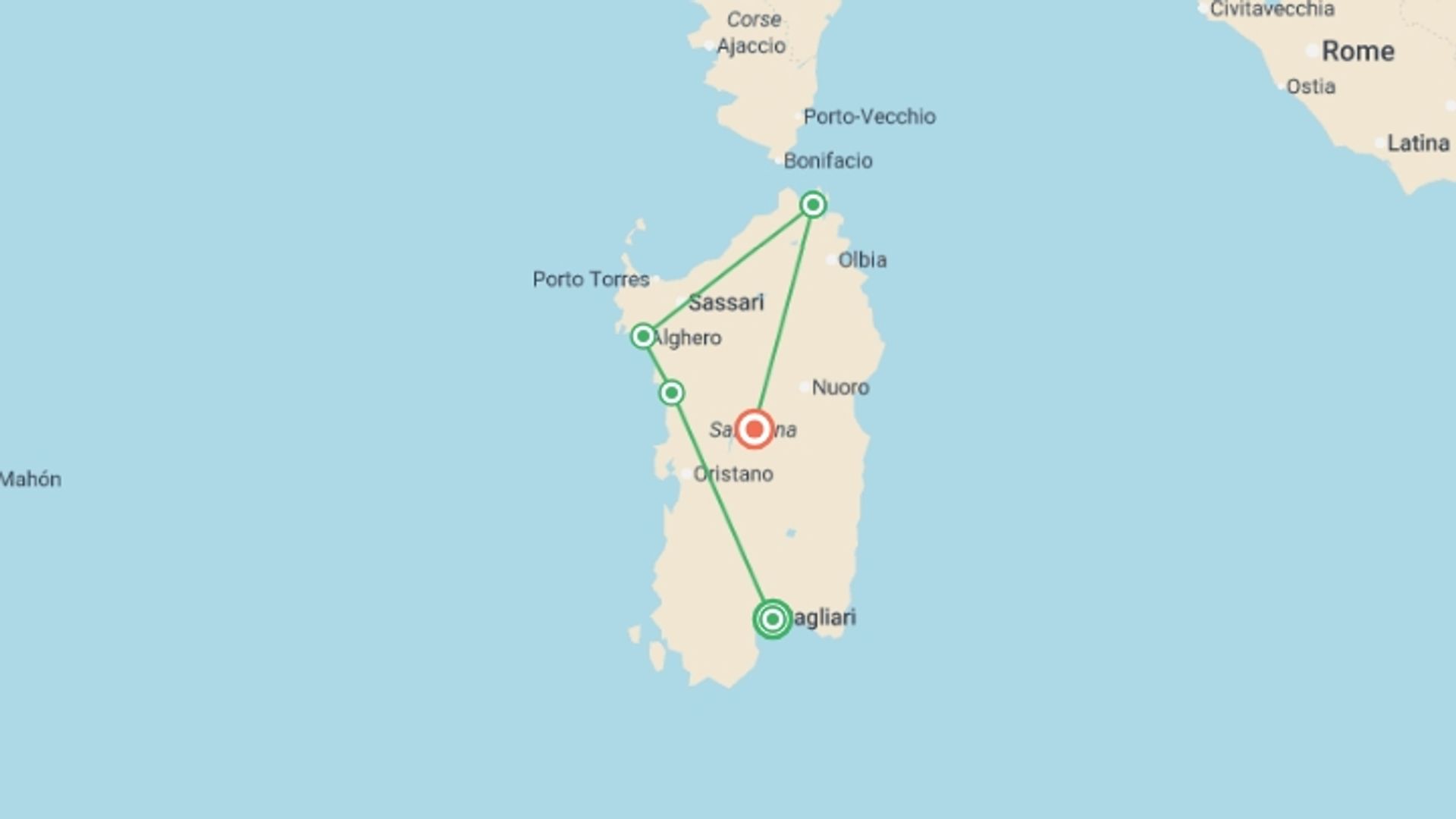 A map showing the tour itinerary for the trip: Best of Sardinia - 7 days, starting in Cagliari, Italy and ending in Sardinia, Italy going through 3 other destinations.