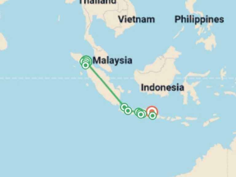 Map of a Explorer Tour with 14 destination visits for the trip: Best of Java & Sumatra