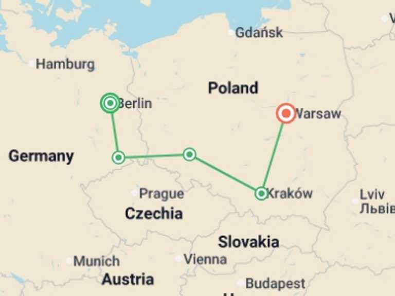 Map of a Explorer Tour with 5 destination visits for the trip: Best of Berlin & Poland - 9 days