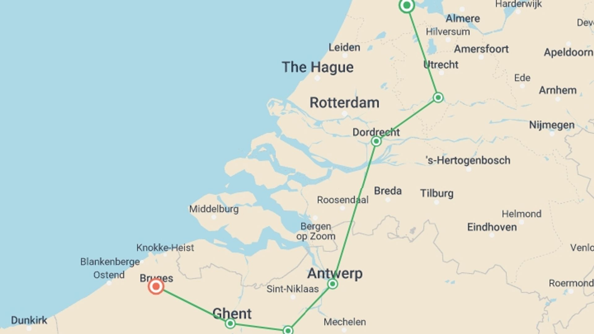 A map showing the tour itinerary for the trip: Amsterdam to Bruges Bike & Barge - Comfort, starting in Amsterdam, Holland and ending in Bruges, Belgium going through 5 other destinations.