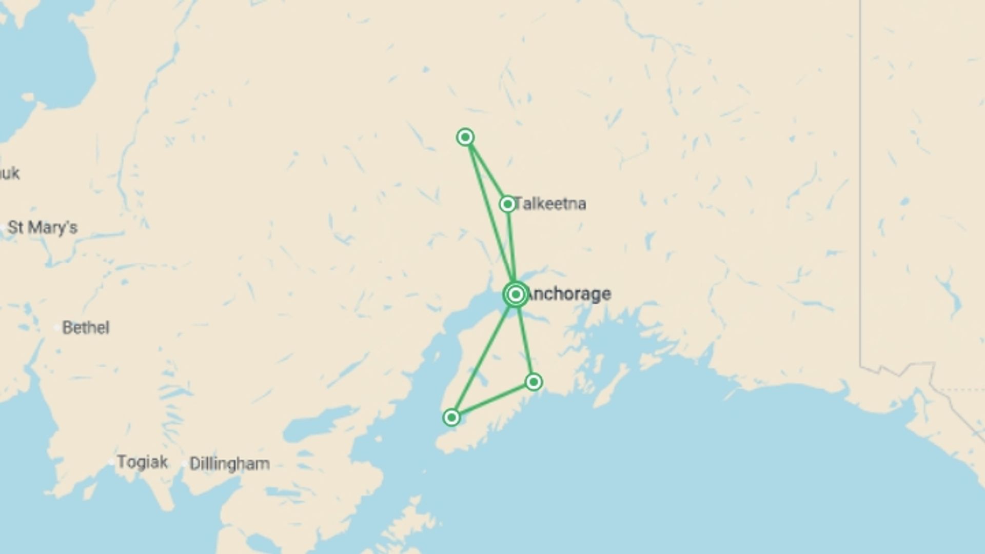 A map showing the tour itinerary for the trip: Best of Alaska - 10 days, starting in Anchorage, USA and ending in Anchorage, USA going through 4 other destinations.