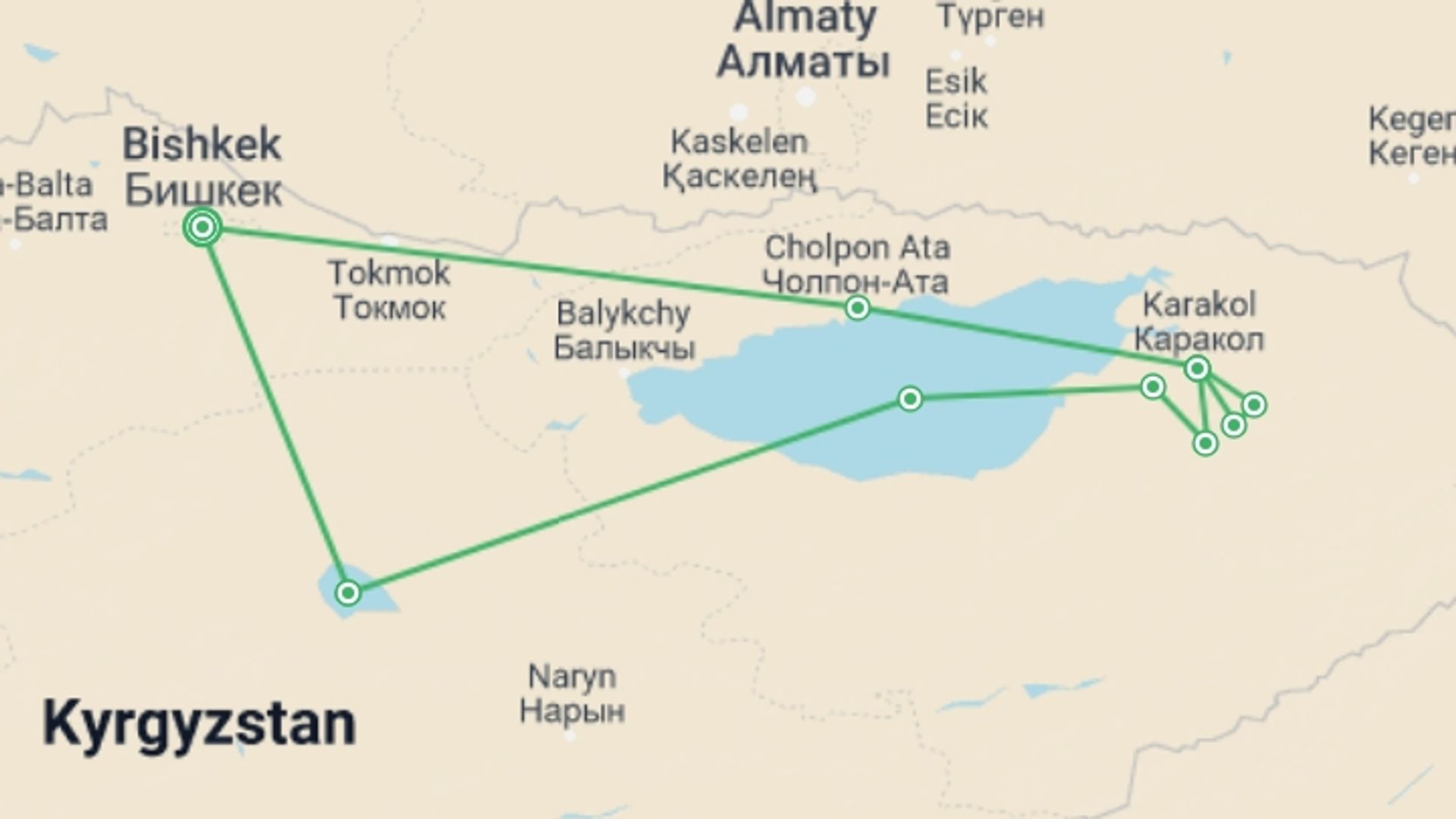 A map showing the tour itinerary for the trip: Kyrgyzstan & the Tian Shan Mountains, starting in Bishkek, Kyrgyzstan and ending in Bishkek, Kyrgyzstan going through 8 other destinations.