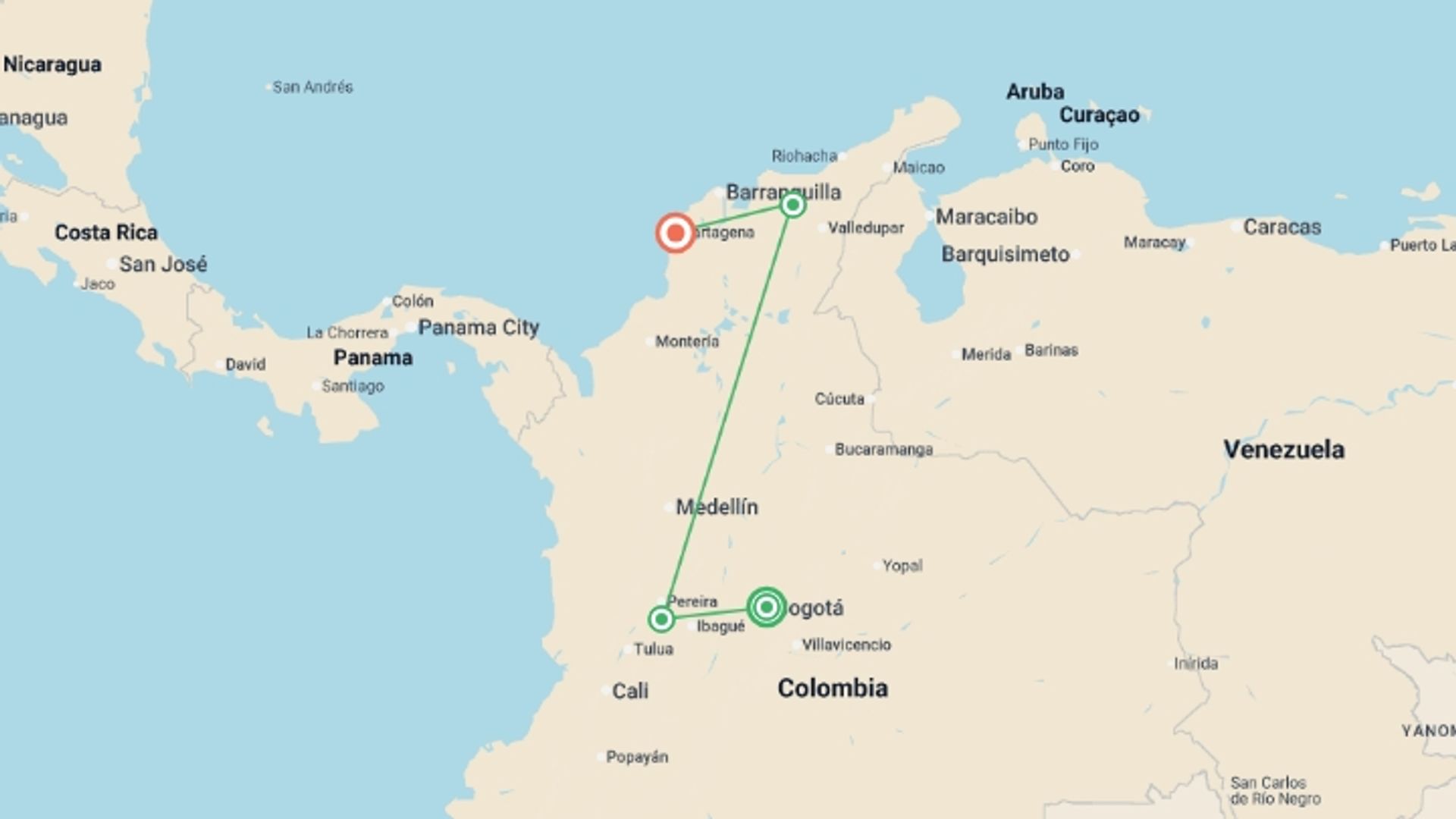 A map showing the tour itinerary for the trip: Signature Colombia | Stories Beneath Wax Palms, starting in Bogota, Colombia and ending in Cartagena, Colombia going through 3 other destinations.