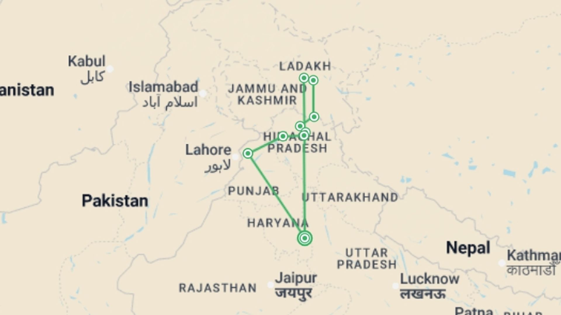 A map showing the tour itinerary for the trip: Hills and High Places - 16 days, starting in New Delhi, India and ending in New Delhi, India going through 8 other destinations.