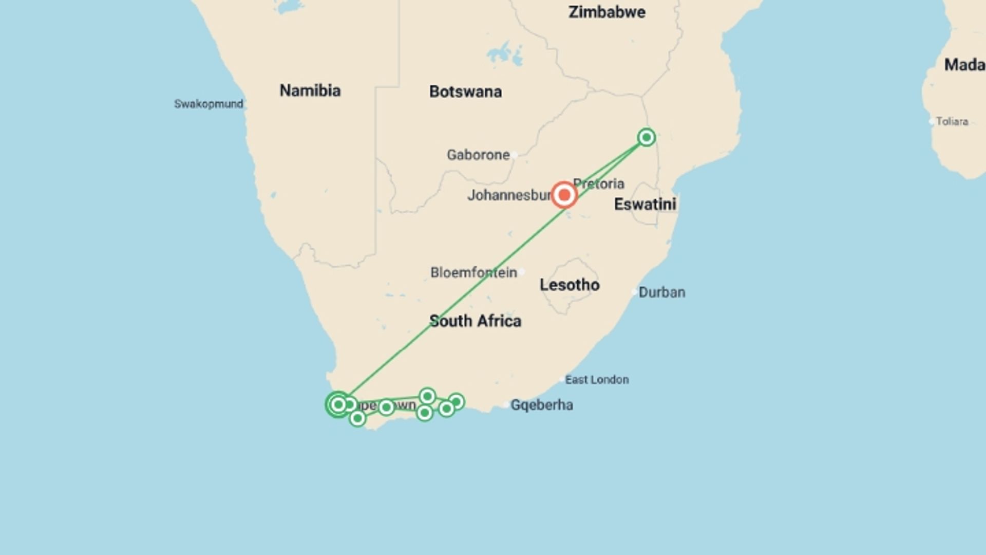 A map showing the tour itinerary for the trip: South Africa Escape, starting in Cape Town, South Africa and ending in Johannesburg, South Africa going through 6 other destinations.