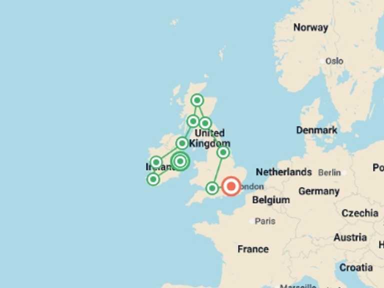 Map itinerary of Europe Tour in Fall with 10 destination visits for the trip: Majestic Britain and Ireland