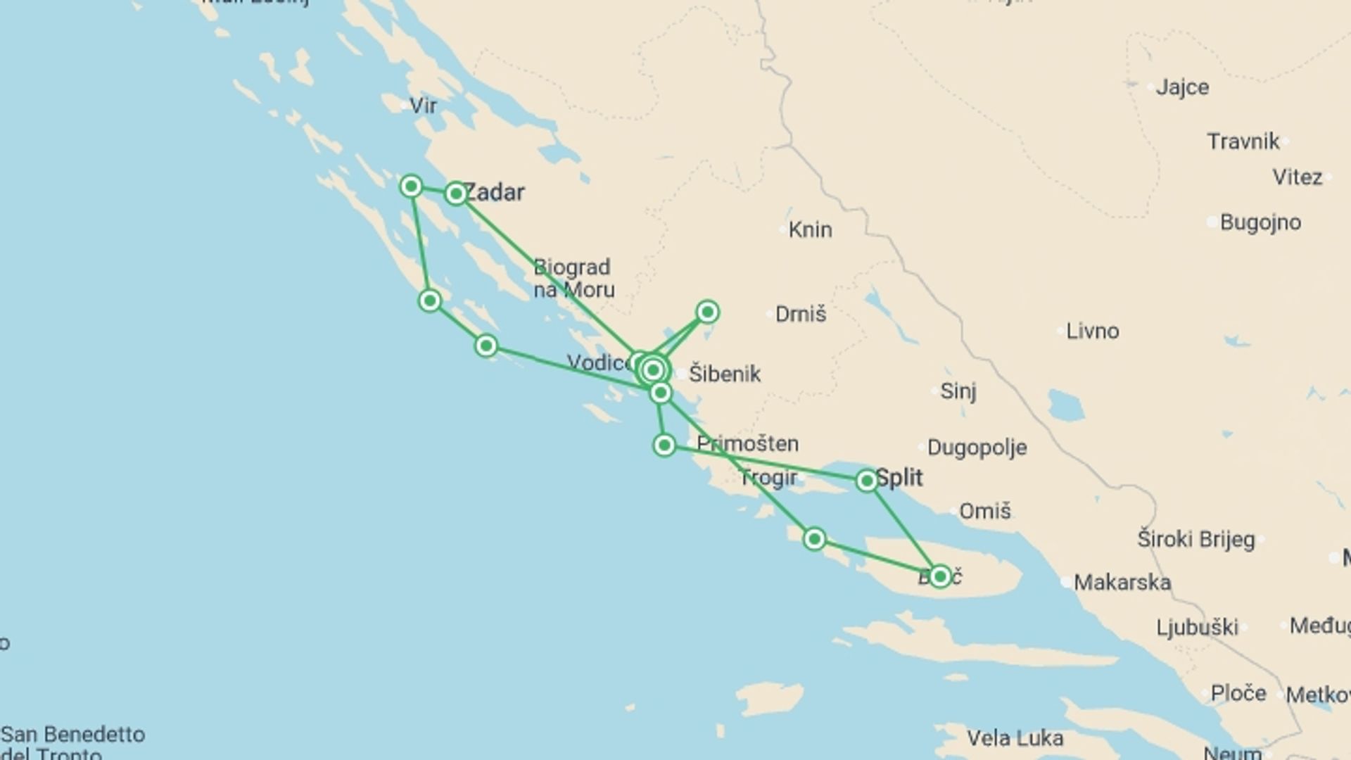 A map showing the tour itinerary for the trip: Dalmatian Highlights Zadar And Split Region Cruise (standard Boat Category), starting in Sibenik, Croatia and ending in Sibenik, Croatia going through 6 other destinations.