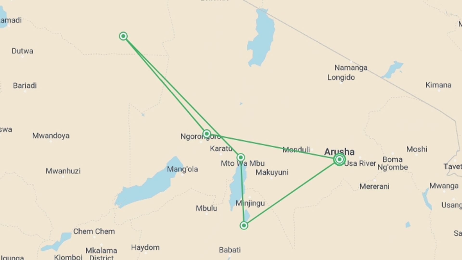 A map showing the tour itinerary for the trip: Simba Safari, Wellworth Lodges, starting in Arusha, Tanzania and ending in Arusha, Tanzania going through 4 other destinations.