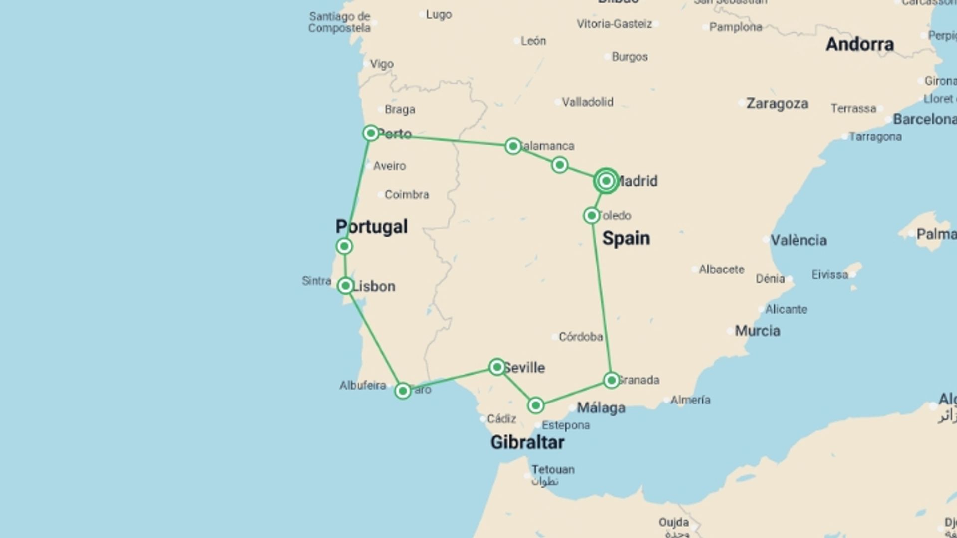 A map showing the tour itinerary for the trip: Highlights of Spain & Portugal, starting in Madrid, Spain and ending in Madrid, Spain going through 5 other destinations.