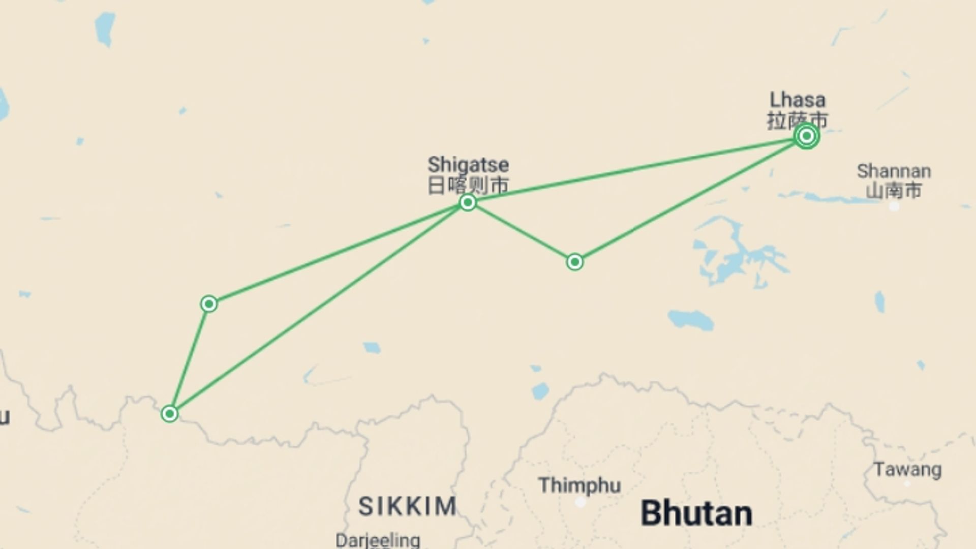 A map showing the tour itinerary for the trip: 8 Days Lhasa to Everest Base Camp Group Tour, starting in Lhasa, China and ending in Lhasa, China going through 3 other destinations.