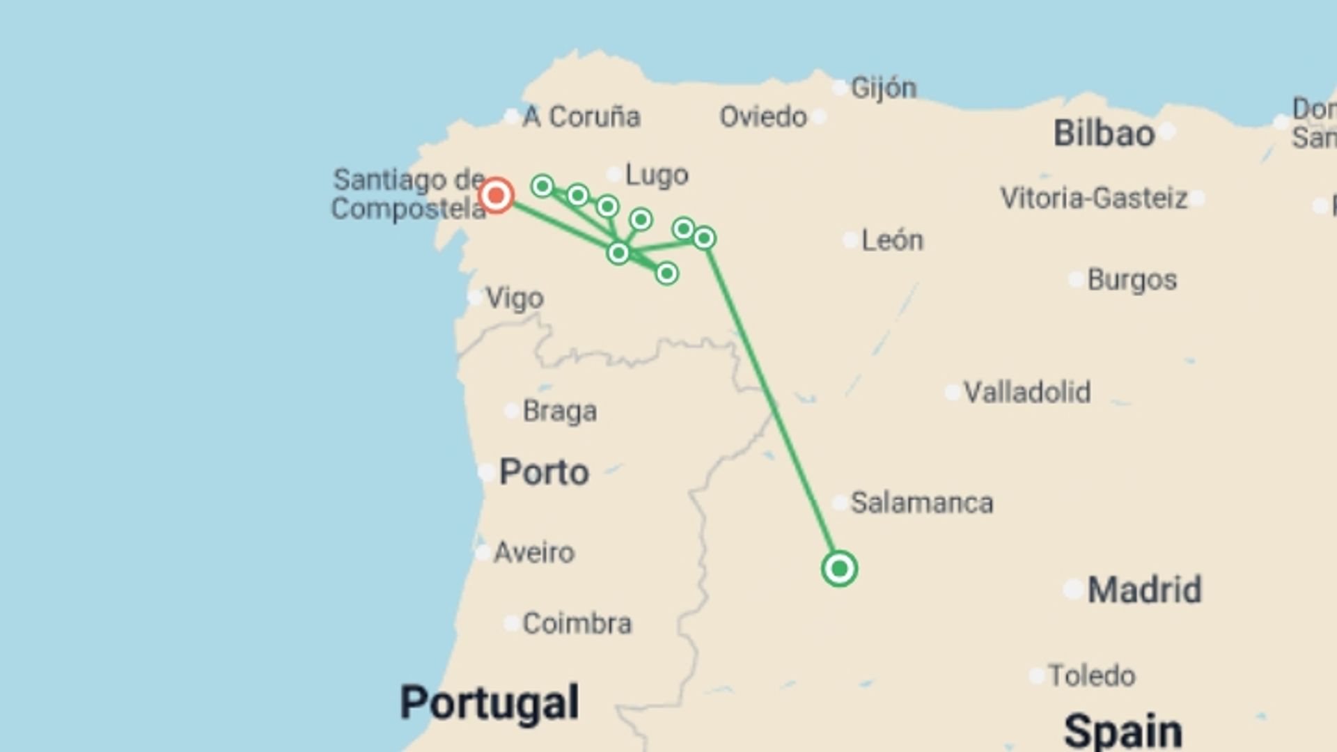 A map showing the tour itinerary for the trip: Camino - Pilgrims and Paradors, starting in Castile y León & La Rioja, Spain and ending in Santiago De Compostela, Spain going through 6 other destinations.