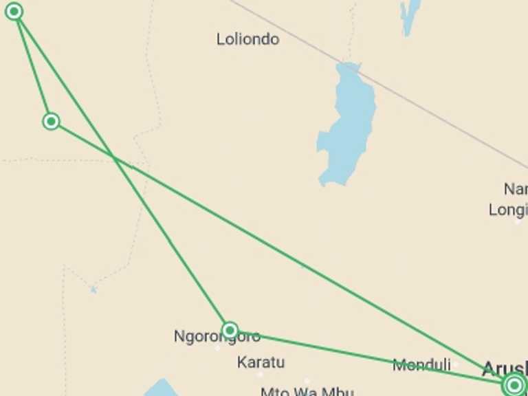 Map of 5-Day Ngorongoro Crater Tour with 4 destination visits for the trip: 5-Day Safari: Serengeti and Ngorongoro Crater