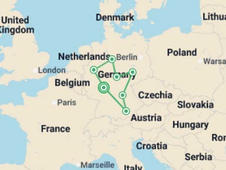 Map of Europe Explorer Tour with 7 destination visits for the trip: Tour of the Heart of Germany