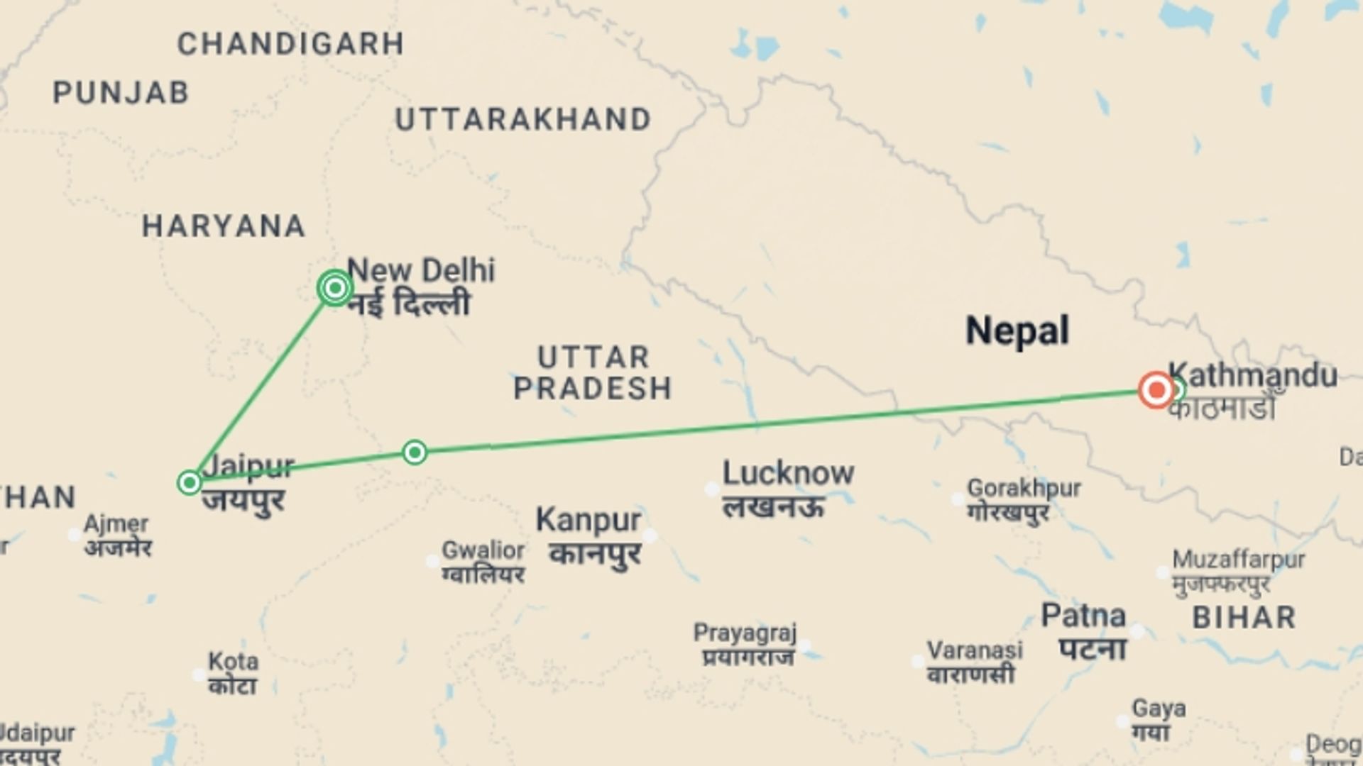 A map showing the tour itinerary for the trip: Classic India & Kathmandu (4 Star) - 10 days, starting in New Delhi, India and ending in Kathmandu, Nepal going through 3 other destinations.