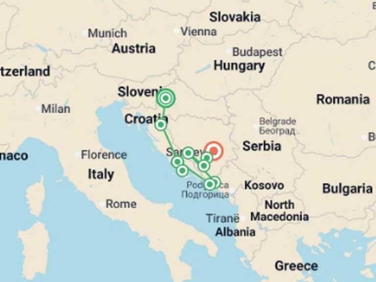 Map itinerary of Trebinje Tour in June 2026 with 9 destination visits for the trip: Croatia to Bosnia: Bustling Cities & Beautiful Sights