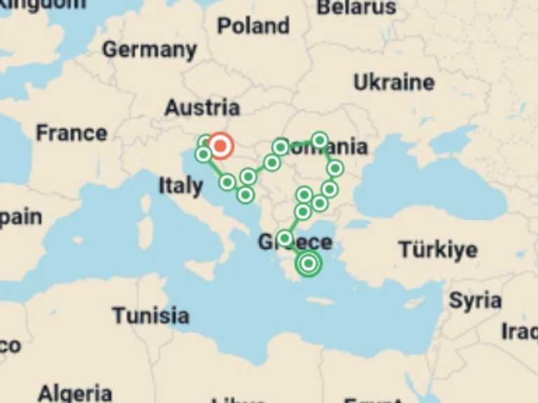 Map of Mediterranean Sightseeing Tour with 16 destination visits for the trip: From Athens to Zagreb
