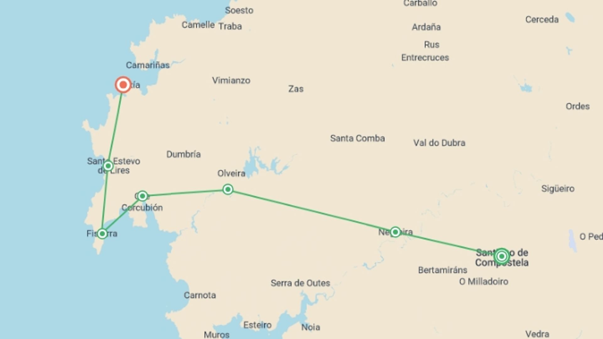 A map showing the tour itinerary for the trip: Camino de Santiago to Muxia - 8 days, starting in Santiago De Compostela, Spain and ending in Muxia, Spain going through 5 other destinations.