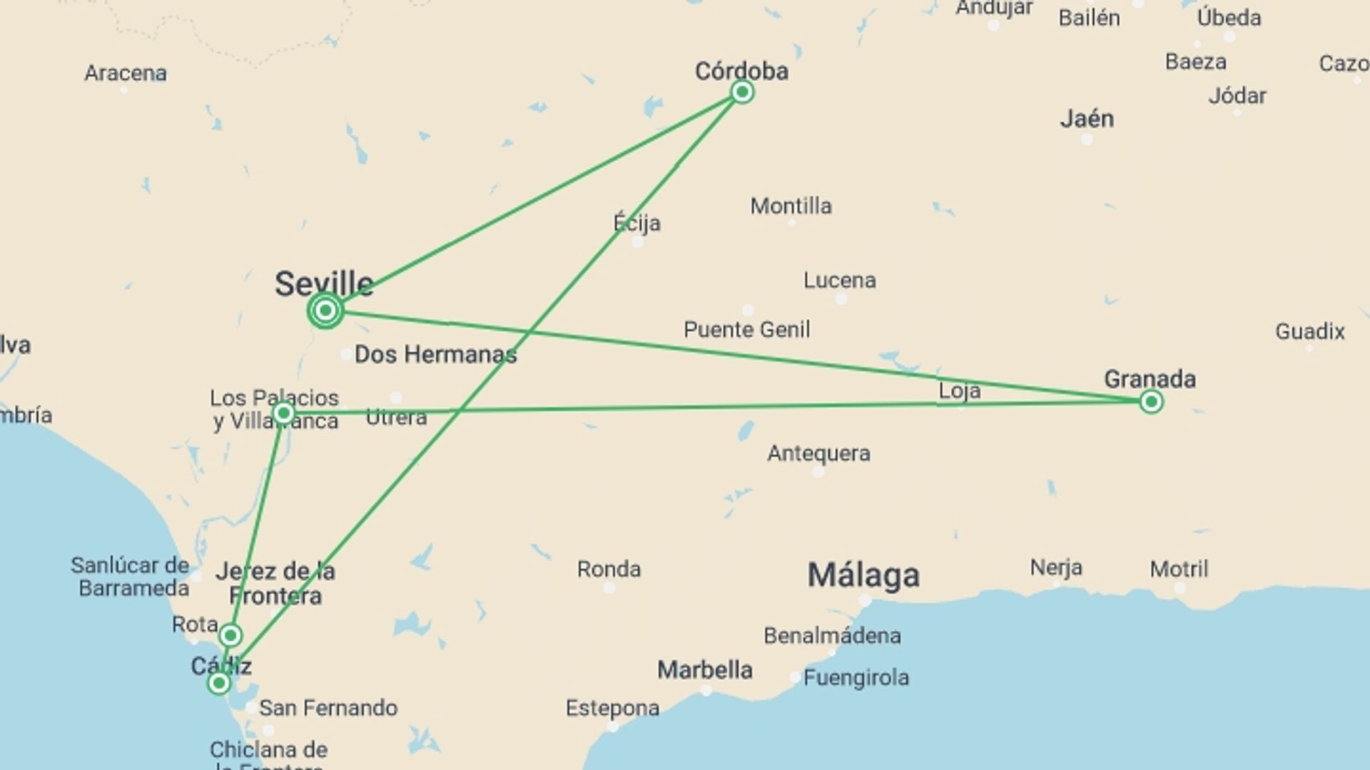 A map showing the tour itinerary for the trip: Enchanting Andalusia - Seville Fair Festivities: Tradition, gastronomy and flamenco (port-to-port cruise), starting in Seville, Spain and ending in Seville, Spain going through 5 other destinations.