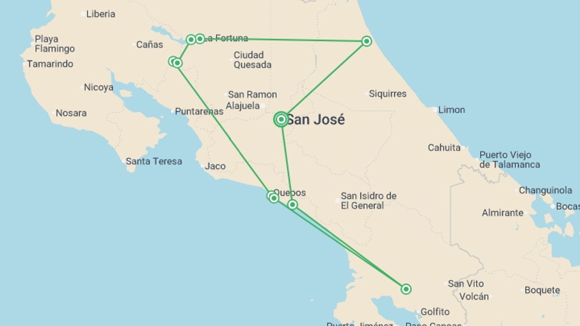 A map showing the tour itinerary for the trip: Discover Costa Rica, starting in San Jose, Costa Rica and ending in San Jose, Costa Rica going through 10 other destinations.