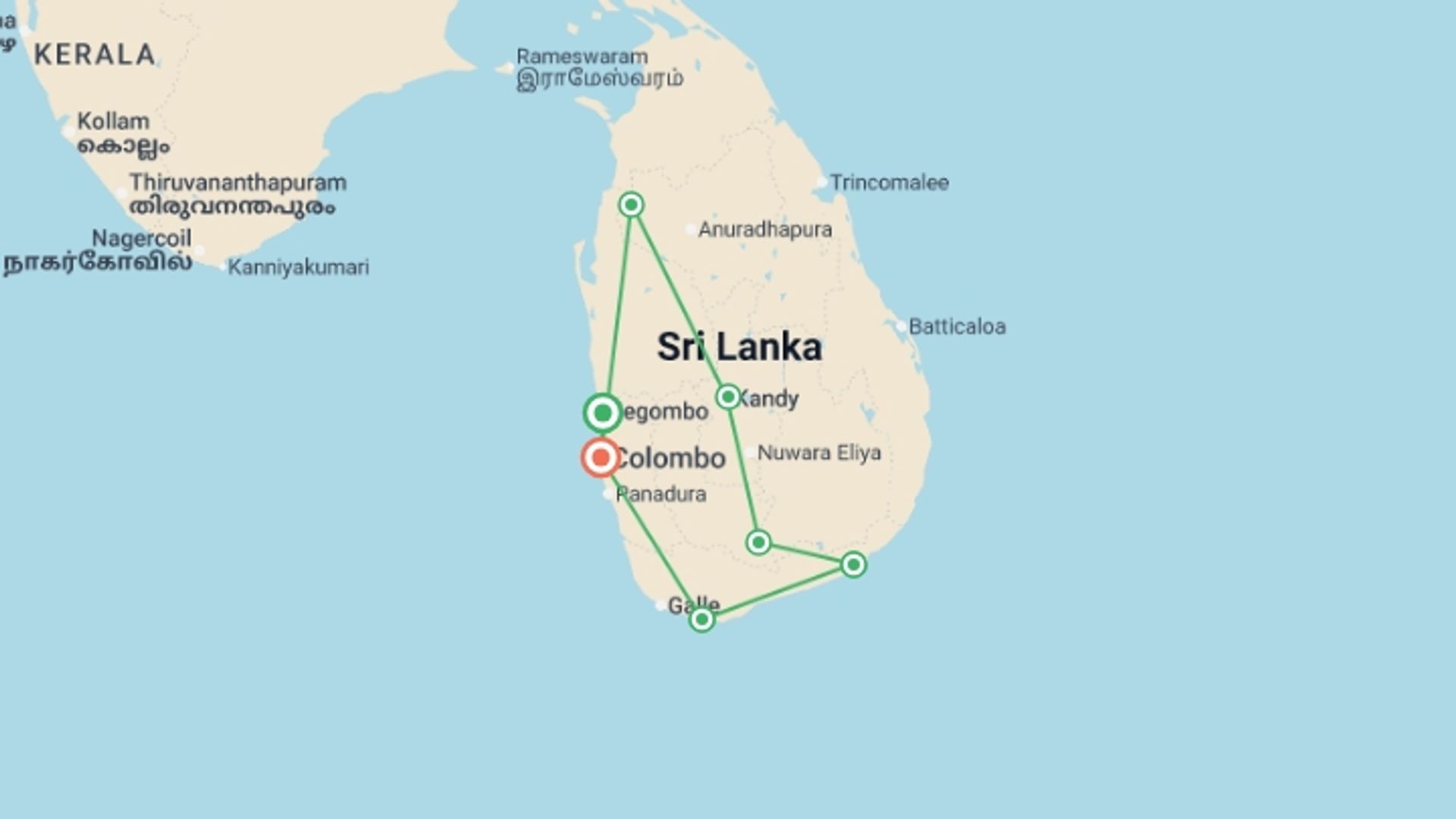A map showing the tour itinerary for the trip: Sri Lanka Safari & Wildlife Tour, starting in Negombo, Sri Lanka and ending in Colombo, Sri Lanka going through 5 other destinations.