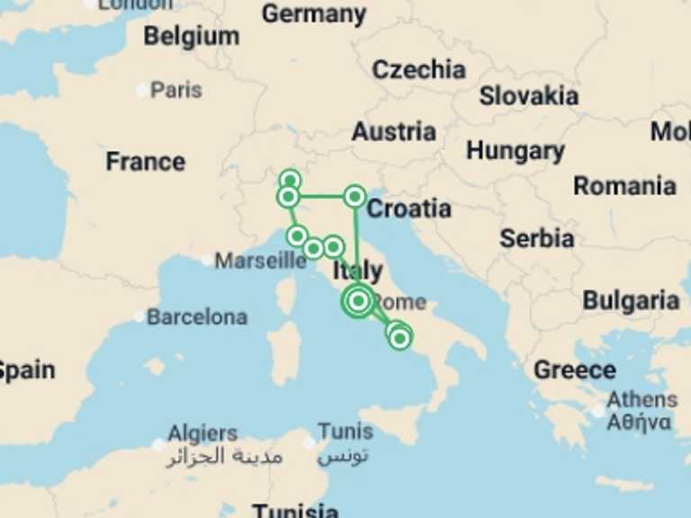 Map itinerary of Italy Tour in Fall with 6 destination visits for the trip: Italy: Pasta & Piazzas