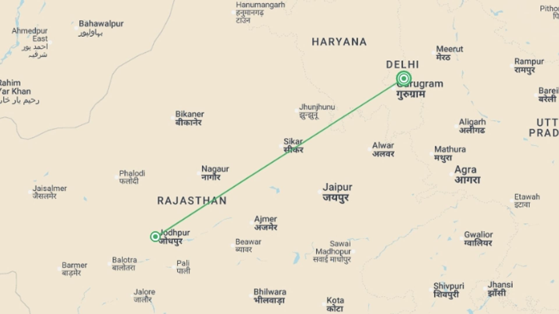 A map showing the tour itinerary for the trip: Jodhpur - 4 days, starting in New Delhi, India and ending in New Delhi, India going through 1 other destinations.