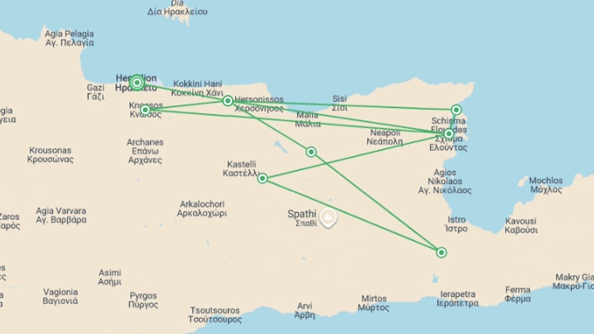 A map showing the tour itinerary for the trip: The Labyrinth Of Crete, starting in Heraklion, Greece and ending in Heraklion, Greece going through 2 other destinations.