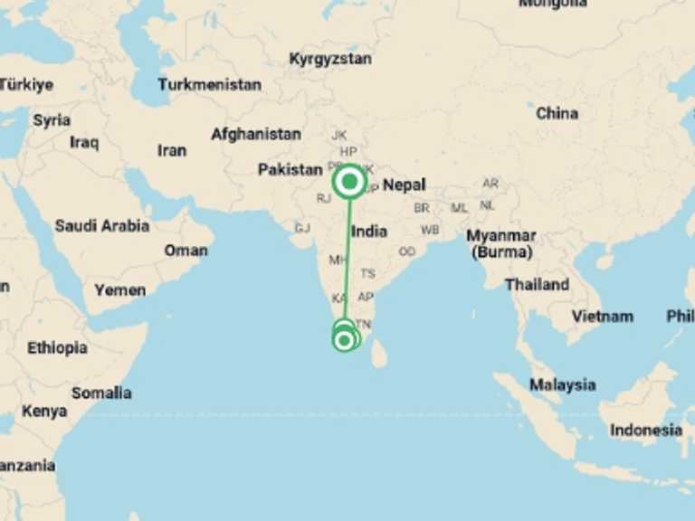Map itinerary of Asia Tour in October 2026 with 6 destination visits for the trip: Signature India | Between Spices & Backwaters