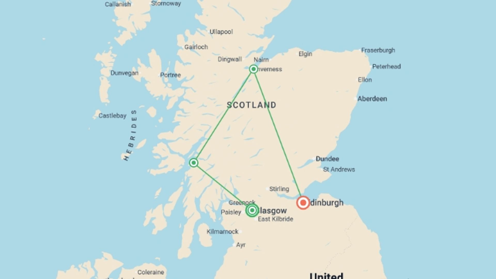 A map showing the tour itinerary for the trip: Scenic Scotland, a Women-Only Tour - Premium, starting in Glasgow, Scotland and ending in Edinburgh, Scotland going through 2 other destinations.