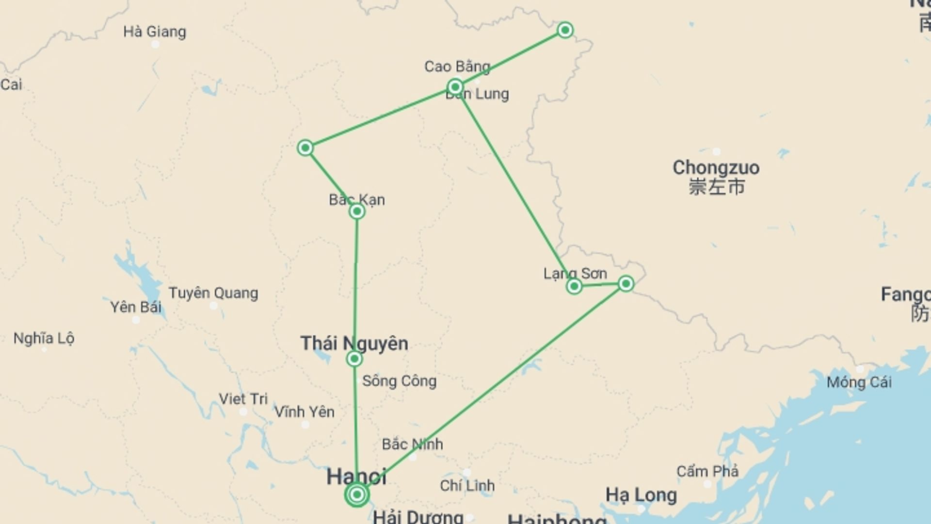 A map showing the tour itinerary for the trip: Cycling Tour Through Northeast Vietnam 6 Days 5 Nights, starting in Hanoi, Vietnam and ending in Hanoi, Vietnam going through 4 other destinations.