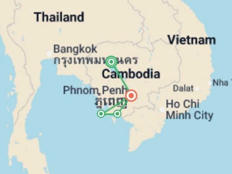 Map itinerary of Phnom Penh Tour in March 2026 with 6 destination visits for the trip: Cambodia Explorer