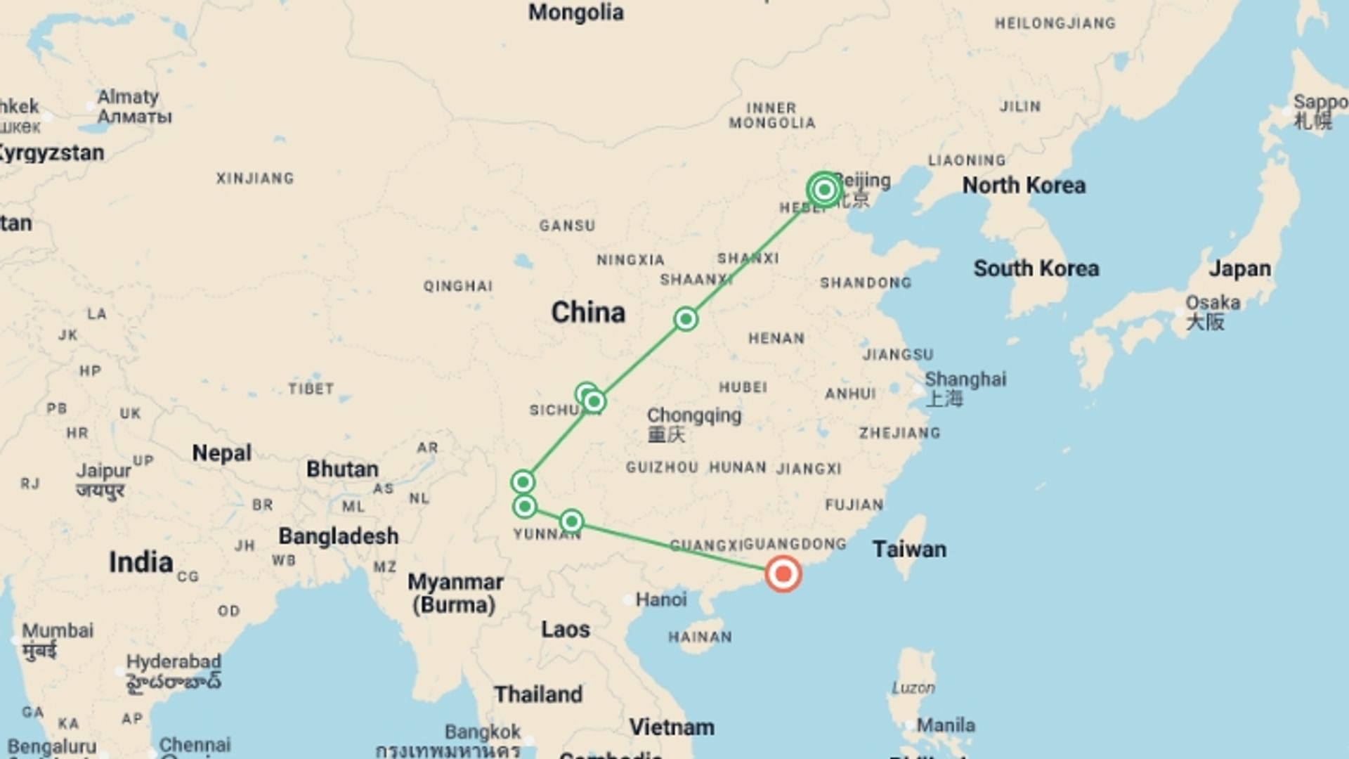 A map showing the tour itinerary for the trip: Beijing, Chengdu, Lijiang & Dali - 14 days, starting in Beijing, China and ending in Hong Kong, Hong Kong going through 5 other destinations.