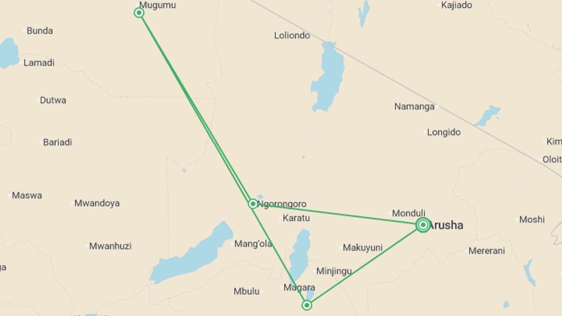 A map showing the tour itinerary for the trip: Tanzania Safari, starting in Arusha, Tanzania and ending in Arusha, Tanzania going through 4 other destinations.