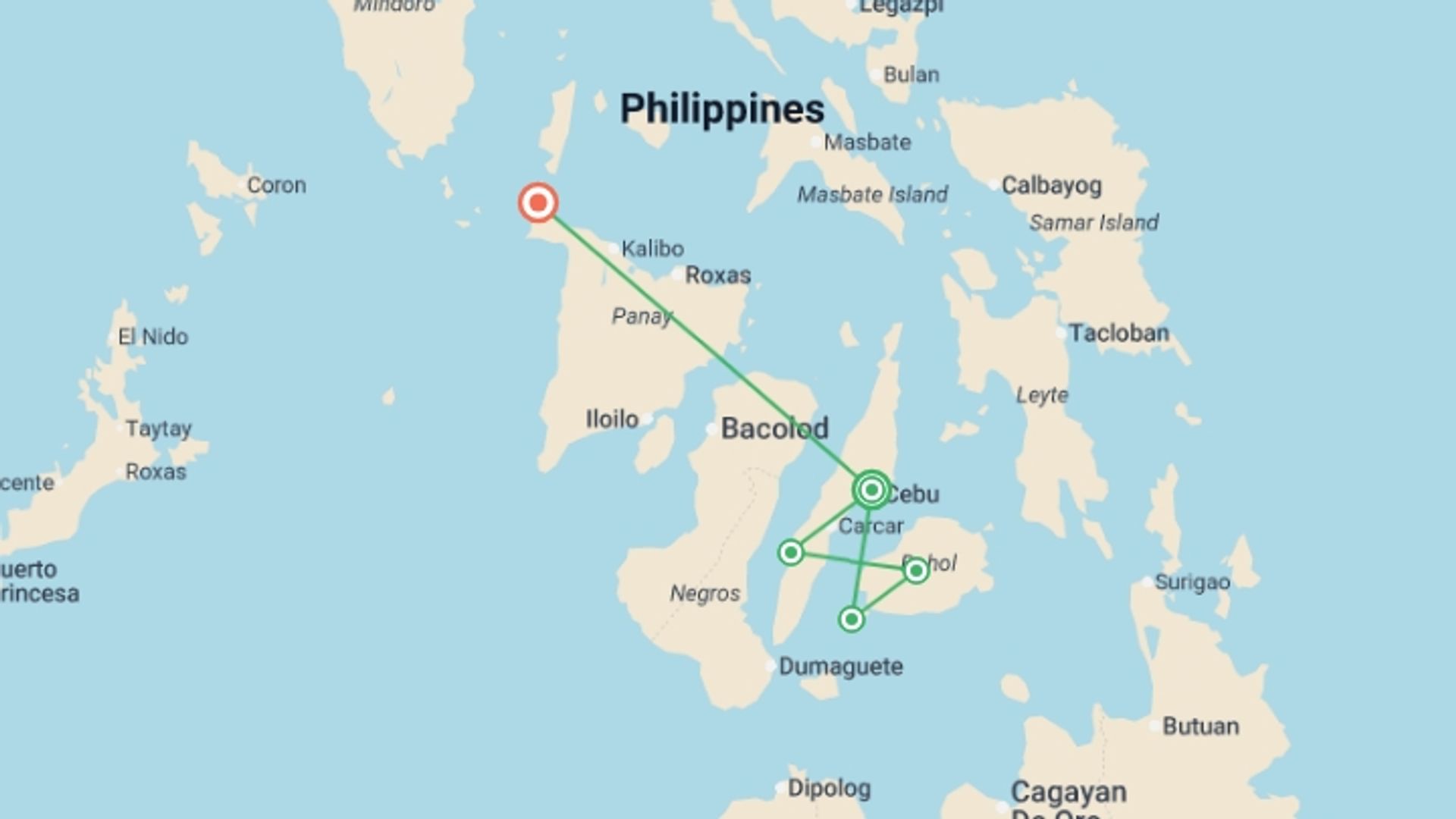 A map showing the tour itinerary for the trip: Philippines Island Hopping East, starting in Cebu, Philippines and ending in Boracay, Philippines going through 3 other destinations.